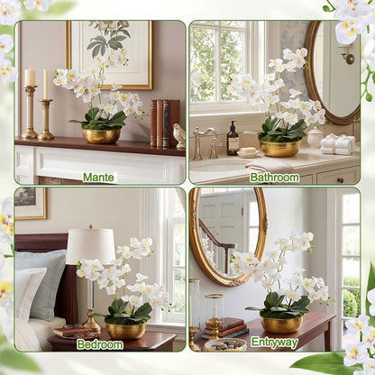 3 Pcs 28" Large Artificial Orchids in Gold Hammered Stainless Steel Vase, White Fake Orchid Flowers Faux Phalaenopsis Orchids Centerpieces with Moss Leaves for Home Decor Wedding Party Office Table