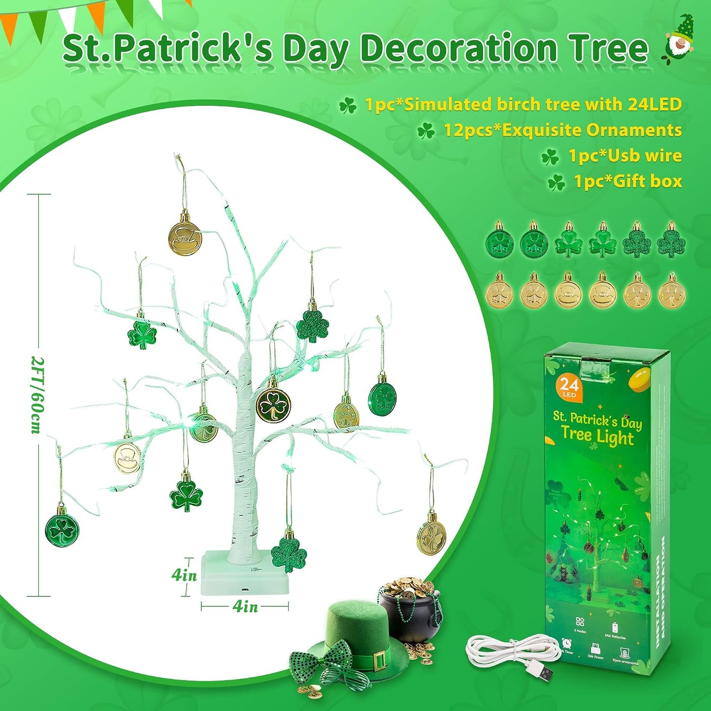 Lighted Mini Birch Tabletop Christmas Decorations Tree, Warm White | 2ft 24LED, Battery & USB with Timer, Artificial Mini Tree for Indoor Xmas Bedroom Wedding Holiday Home Party Decor