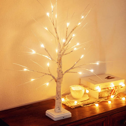 Lighted Mini Birch Tabletop Christmas Decorations Tree, Warm White | 2ft 24LED, Battery & USB with Timer, Artificial Mini Tree for Indoor Xmas Bedroom Wedding Holiday Home Party Decor