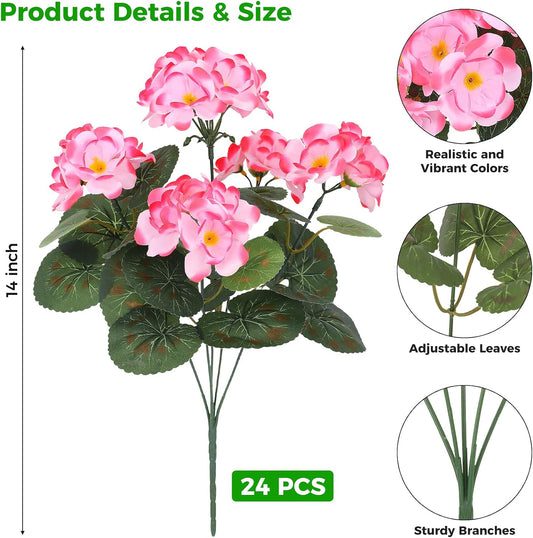 6 Pcs Artificial Geranium Silk Flowers for Outdoors Decor, Red | Lifelike geranium flowers, UV resistant, for vase planter garden patio balcony porch indoor outdoor spring summer home decor
