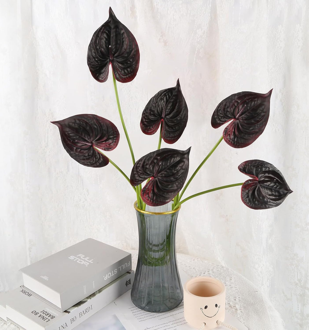 8PCS Burgundy Faux Anthurium Flowers 24.8’’ Real Touch Flowers Long Stem Artificial Anthurium for Vase Table Centerpiece Home Wedding Party Garden Spring Decoration(Burgundy)