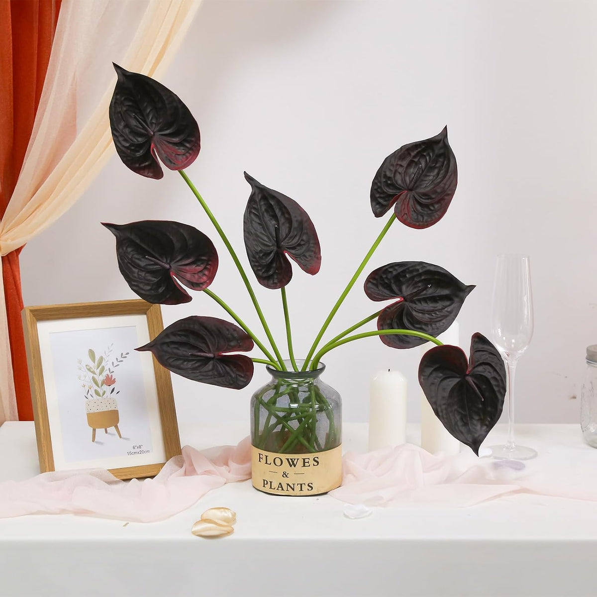 8PCS Burgundy Faux Anthurium Flowers 24.8’’ Real Touch Flowers Long Stem Artificial Anthurium for Vase Table Centerpiece Home Wedding Party Garden Spring Decoration(Burgundy)