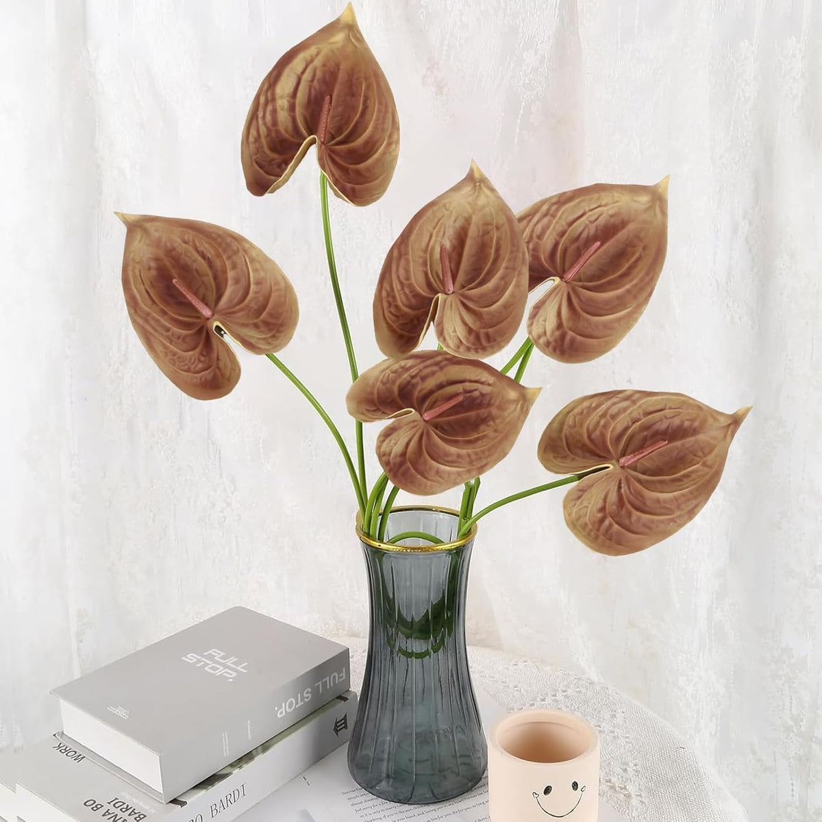 8PCS Burgundy Faux Anthurium Flowers 24.8’’ Real Touch Flowers Long Stem Artificial Anthurium for Vase Table Centerpiece Home Wedding Party Garden Spring Decoration(Burgundy)