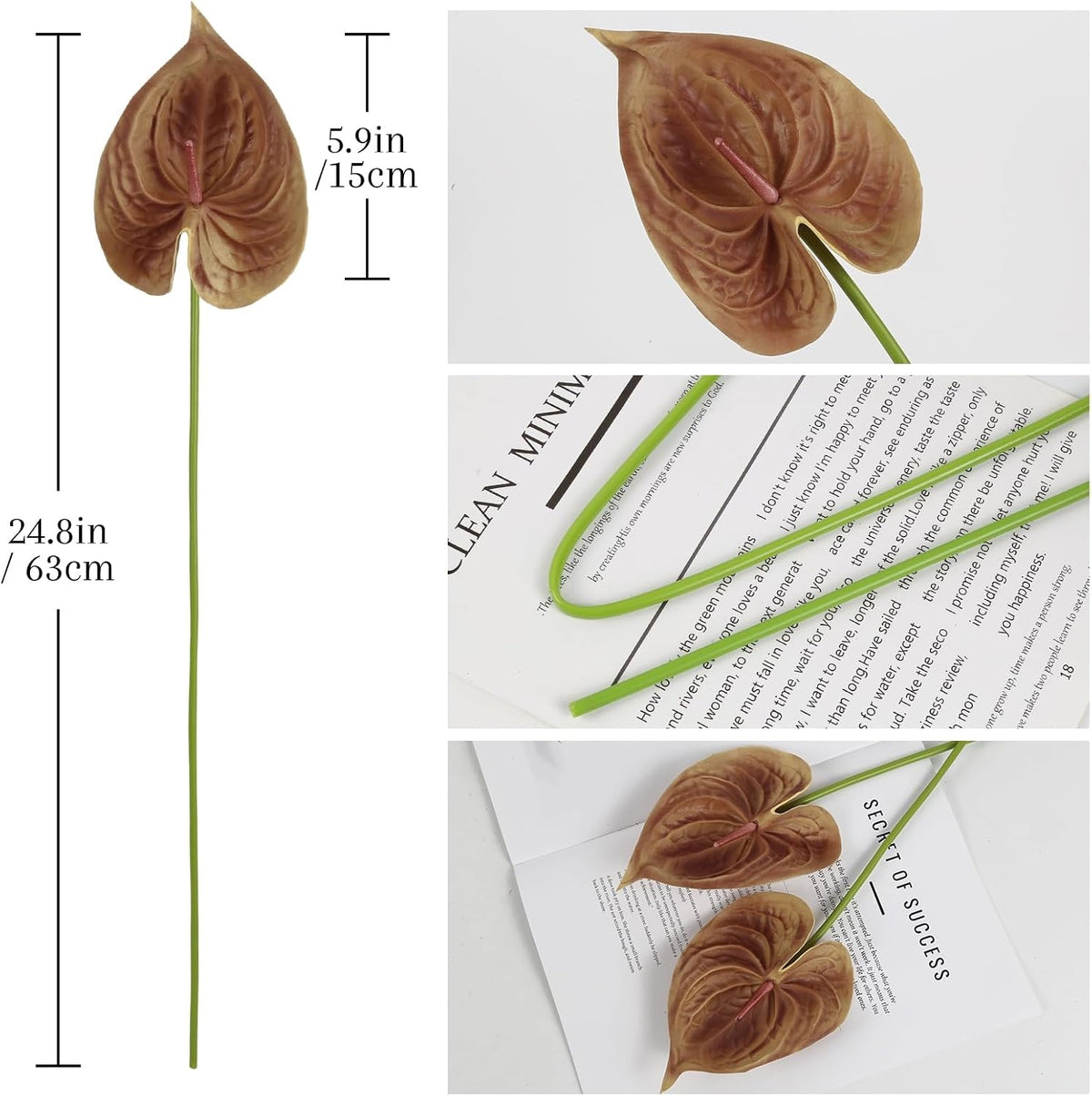 8PCS Burgundy Faux Anthurium Flowers 24.8’’ Real Touch Flowers Long Stem Artificial Anthurium for Vase Table Centerpiece Home Wedding Party Garden Spring Decoration(Burgundy)