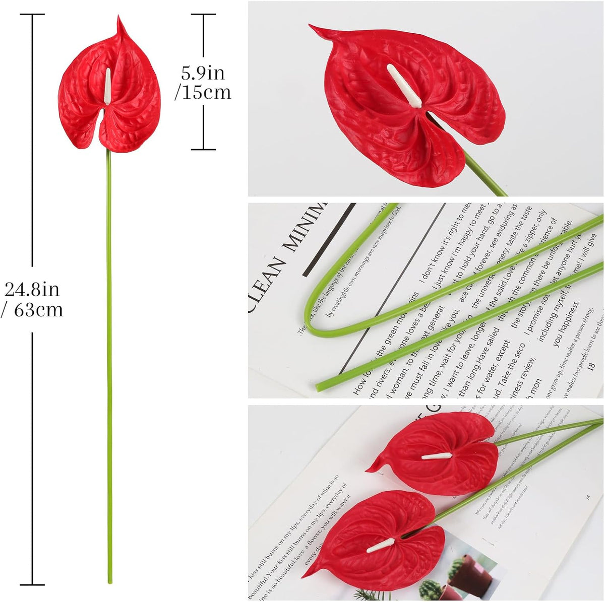 8PCS Burgundy Faux Anthurium Flowers 24.8’’ Real Touch Flowers Long Stem Artificial Anthurium for Vase Table Centerpiece Home Wedding Party Garden Spring Decoration(Burgundy)