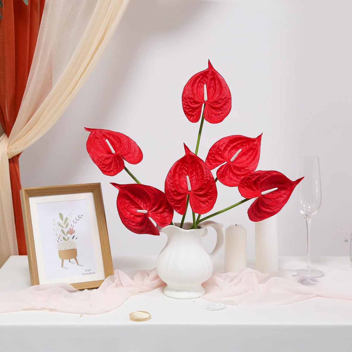 8PCS Burgundy Faux Anthurium Flowers 24.8’’ Real Touch Flowers Long Stem Artificial Anthurium for Vase Table Centerpiece Home Wedding Party Garden Spring Decoration(Burgundy)