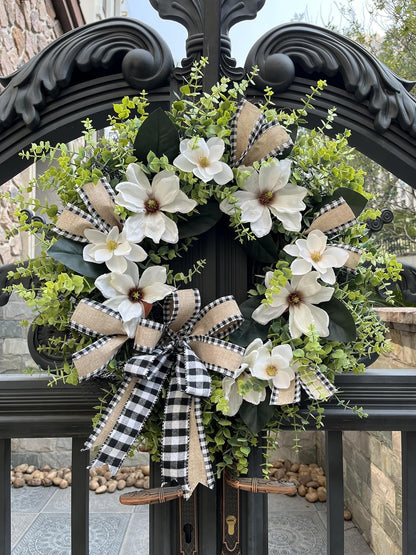 24 Inch Artificial Magnolia Wreath for Front Door – Farmhouse Boxwood Greenery Wreath with Buffalo Plaid Bow, Year-Round Rustic Home Wall Decor for Porch, Entryway, Living Room