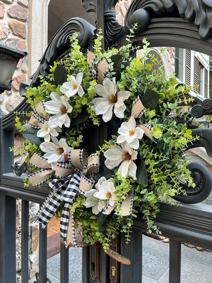 24 Inch Artificial Magnolia Wreath for Front Door – Farmhouse Boxwood Greenery Wreath with Buffalo Plaid Bow, Year-Round Rustic Home Wall Decor for Porch, Entryway, Living Room
