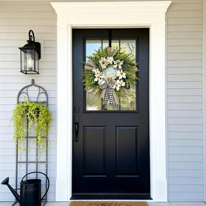 24 Inch Artificial Magnolia Wreath for Front Door – Farmhouse Boxwood Greenery Wreath with Buffalo Plaid Bow, Year-Round Rustic Home Wall Decor for Porch, Entryway, Living Room