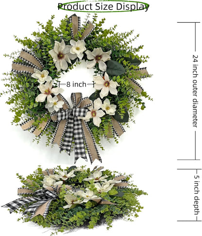 24 Inch Artificial Magnolia Wreath for Front Door – Farmhouse Boxwood Greenery Wreath with Buffalo Plaid Bow, Year-Round Rustic Home Wall Decor for Porch, Entryway, Living Room