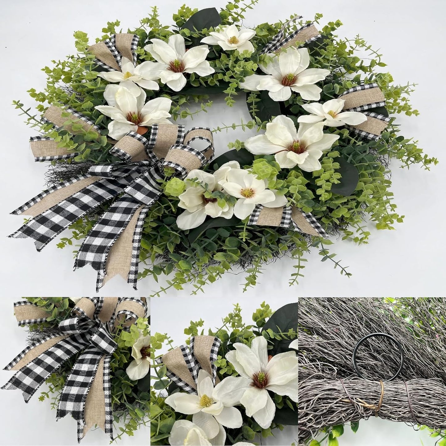 24 Inch Artificial Magnolia Wreath for Front Door – Farmhouse Boxwood Greenery Wreath with Buffalo Plaid Bow, Year-Round Rustic Home Wall Decor for Porch, Entryway, Living Room