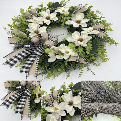 24 Inch Artificial Magnolia Wreath for Front Door – Farmhouse Boxwood Greenery Wreath with Buffalo Plaid Bow, Year-Round Rustic Home Wall Decor for Porch, Entryway, Living Room