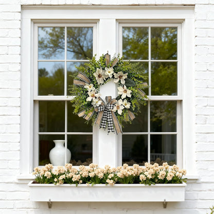 24 Inch Artificial Magnolia Wreath for Front Door – Farmhouse Boxwood Greenery Wreath with Buffalo Plaid Bow, Year-Round Rustic Home Wall Decor for Porch, Entryway, Living Room
