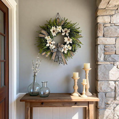 24 Inch Artificial Magnolia Wreath for Front Door – Farmhouse Boxwood Greenery Wreath with Buffalo Plaid Bow, Year-Round Rustic Home Wall Decor for Porch, Entryway, Living Room
