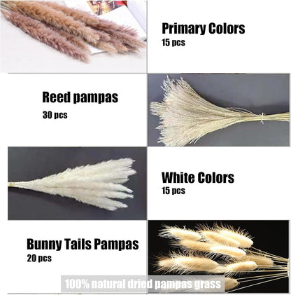 Pampas Grass Decor 110 pcs 17.5inch Natural Dried Pampas Grass-15Pcs White Pampas & 15Pcs Brown Pampas & 50Pcs Reed Grass& 30Pcs Bunny Tail Grass,Fluffy Dried Flowers for Home Decor Wedding Boho Decor