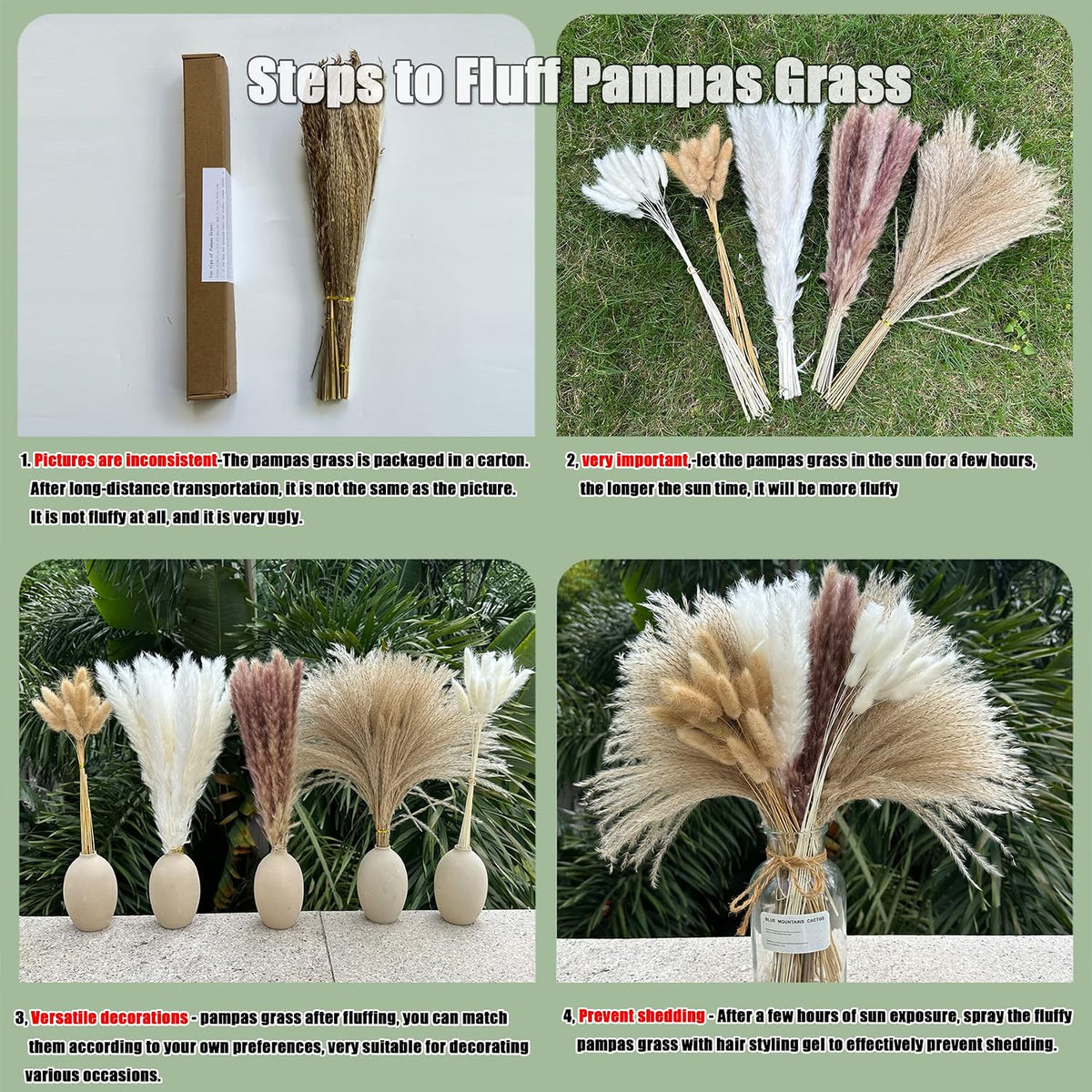 Pampas Grass Decor 110 pcs 17.5inch Natural Dried Pampas Grass-15Pcs White Pampas & 15Pcs Brown Pampas & 50Pcs Reed Grass& 30Pcs Bunny Tail Grass,Fluffy Dried Flowers for Home Decor Wedding Boho Decor