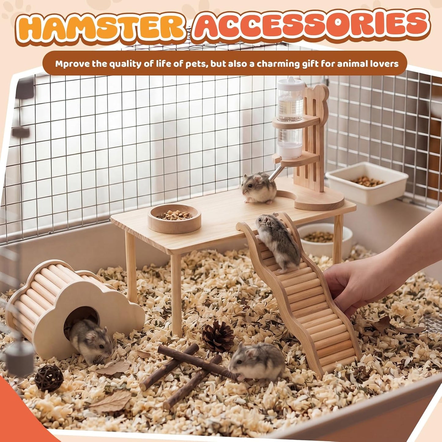 5 Pcs Hamster Cage Accessories, Wood Hamster Play Wooden Platform Water Bottle with Stand Climbing Set for Rat Mice Small Animals Pets Habitats Woodland Decor(Cloud Villa)
