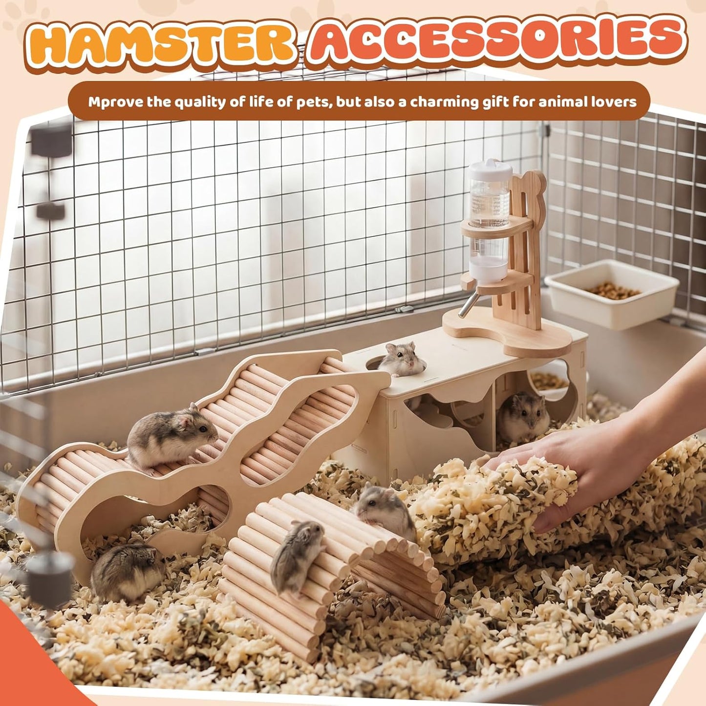 5 Pcs Hamster Cage Accessories, Wood Hamster Play Wooden Platform Water Bottle with Stand Climbing Set for Rat Mice Small Animals Pets Habitats Woodland Decor(Cloud Villa)