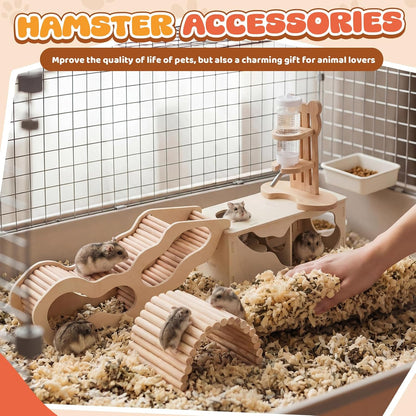 5 Pcs Hamster Cage Accessories, Wood Hamster Play Wooden Platform Water Bottle with Stand Climbing Set for Rat Mice Small Animals Pets Habitats Woodland Decor(Cloud Villa)