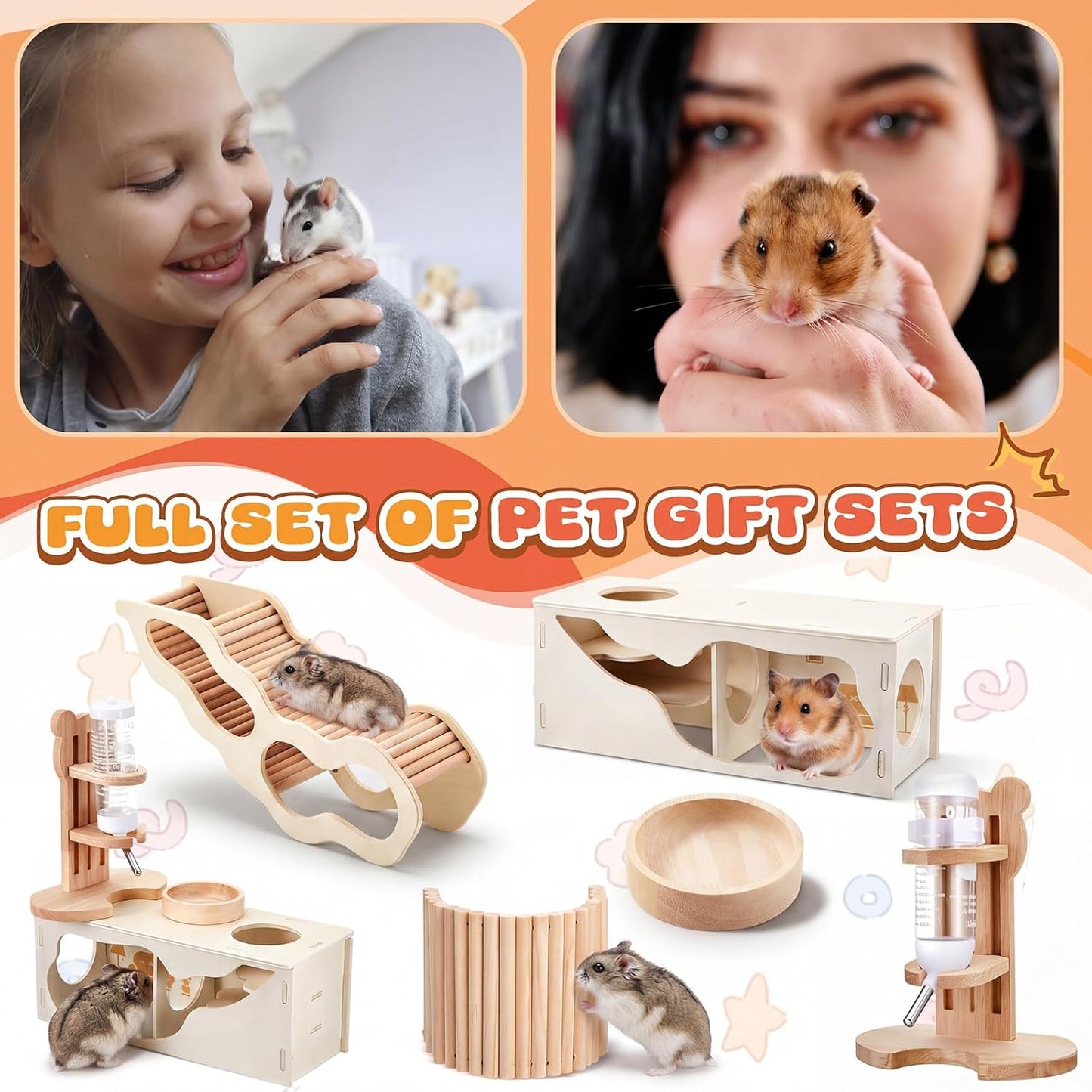 5 Pcs Hamster Cage Accessories, Wood Hamster Play Wooden Platform Water Bottle with Stand Climbing Set for Rat Mice Small Animals Pets Habitats Woodland Decor(Cloud Villa)