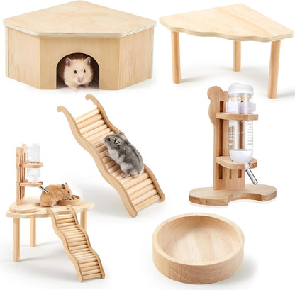 5 Pcs Hamster Cage Accessories, Wood Hamster Play Wooden Platform Water Bottle with Stand Climbing Set for Rat Mice Small Animals Pets Habitats Woodland Decor(Cloud Villa)