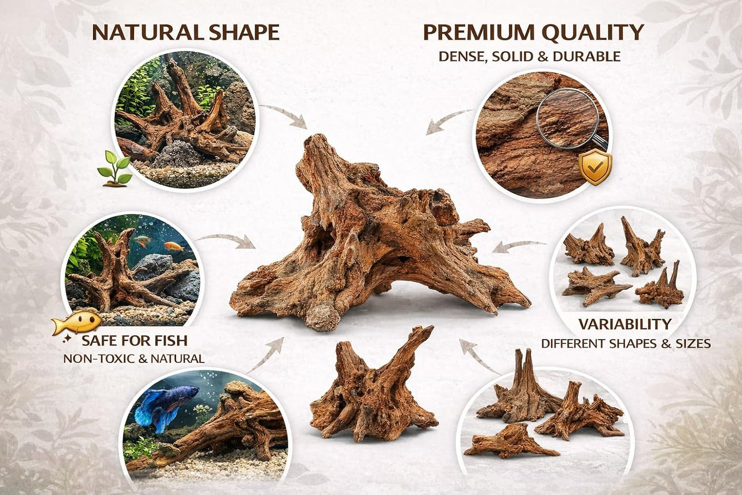 Azil Natural Aquarium Driftwood Root – Driftwood for Aquarium Decor, 170g~0.38lb (14″–16″), Fish Tanks, Terrariums, Aquascaping & Planted Tanks