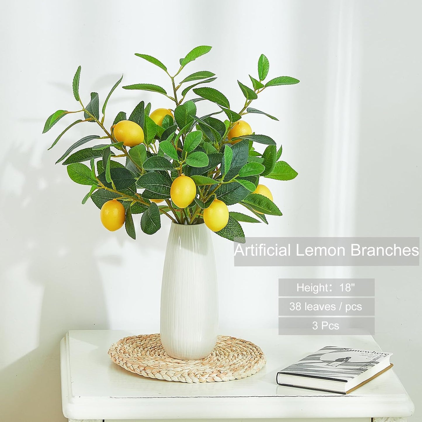 3 Pcs Artificial Lemons Tree Branches - Faux Greenery Stems Realistic Lemon Branch with Lifelike Leaves Fake Lemon Plant for Home, Dining Table, Kitchen Decor 18 Inch