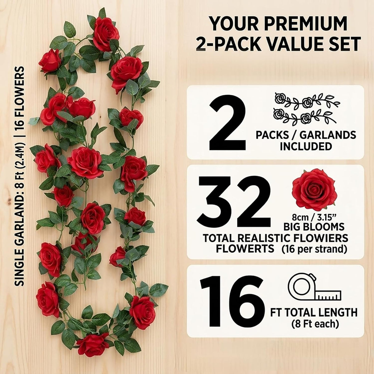 2 Pack 16FT Artificial Silk Rose Garland Vine