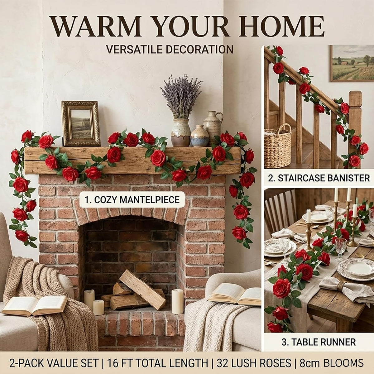 2 Pack 16FT Artificial Silk Rose Garland Vine