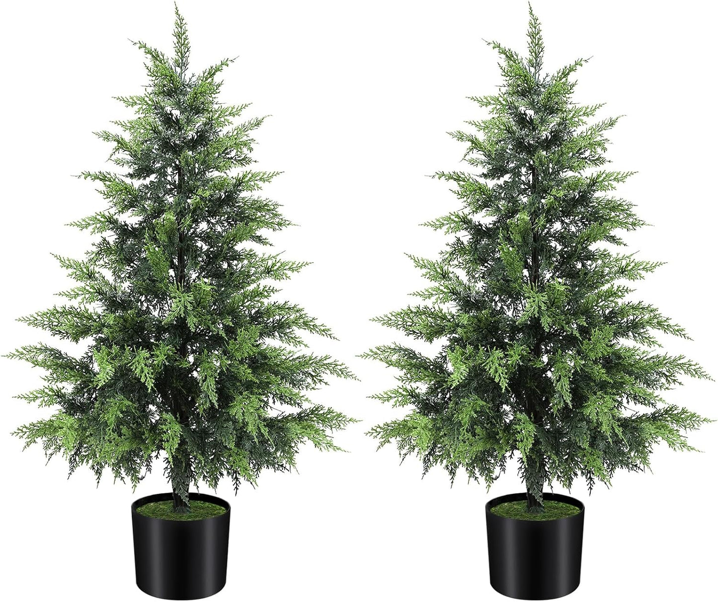 Outdoor Artificial Topiary Cedar Tree Real Touch Faux Pine Evergreen Shrub Plant UV Resistant Greenery Tree with Pot Realistic Cypress Front Porch Decor (5FT-2Pack)