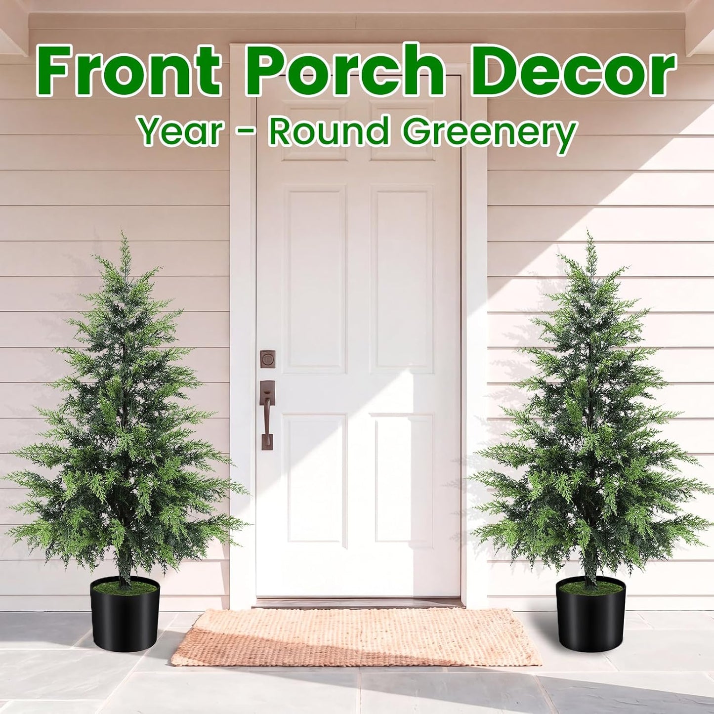 Outdoor Artificial Topiary Cedar Tree Real Touch Faux Pine Evergreen Shrub Plant UV Resistant Greenery Tree with Pot Realistic Cypress Front Porch Decor (5FT-2Pack)