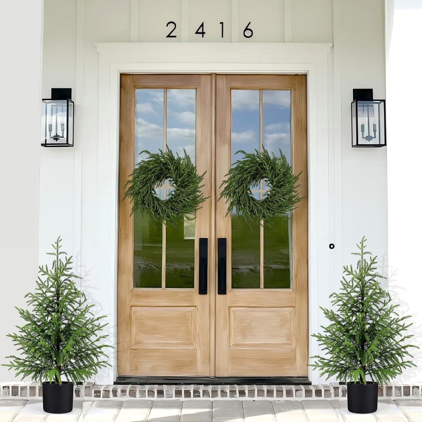 Outdoor Artificial Topiary Cedar Tree Real Touch Faux Pine Evergreen Shrub Plant UV Resistant Greenery Tree with Pot Realistic Cypress Front Porch Decor (5FT-2Pack)