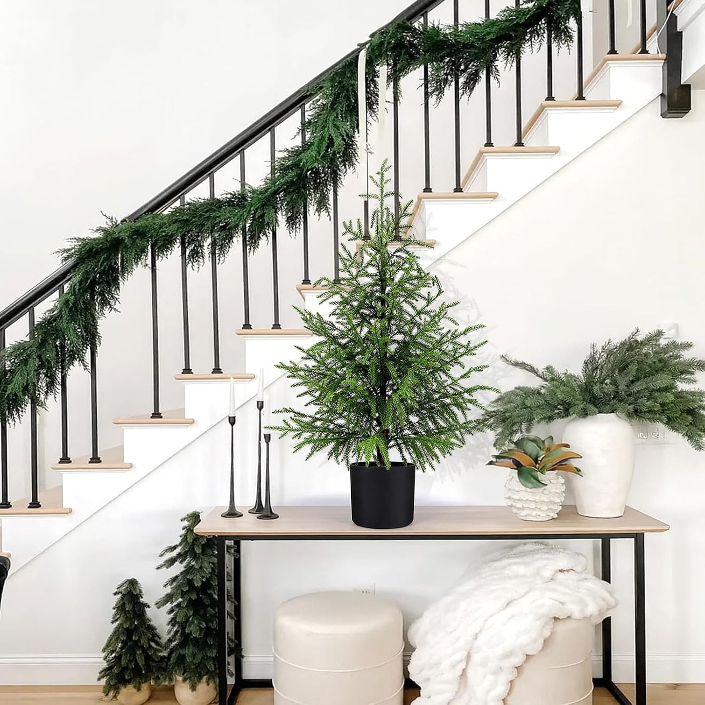 Outdoor Artificial Topiary Cedar Tree Real Touch Faux Pine Evergreen Shrub Plant UV Resistant Greenery Tree with Pot Realistic Cypress Front Porch Decor (5FT-2Pack)