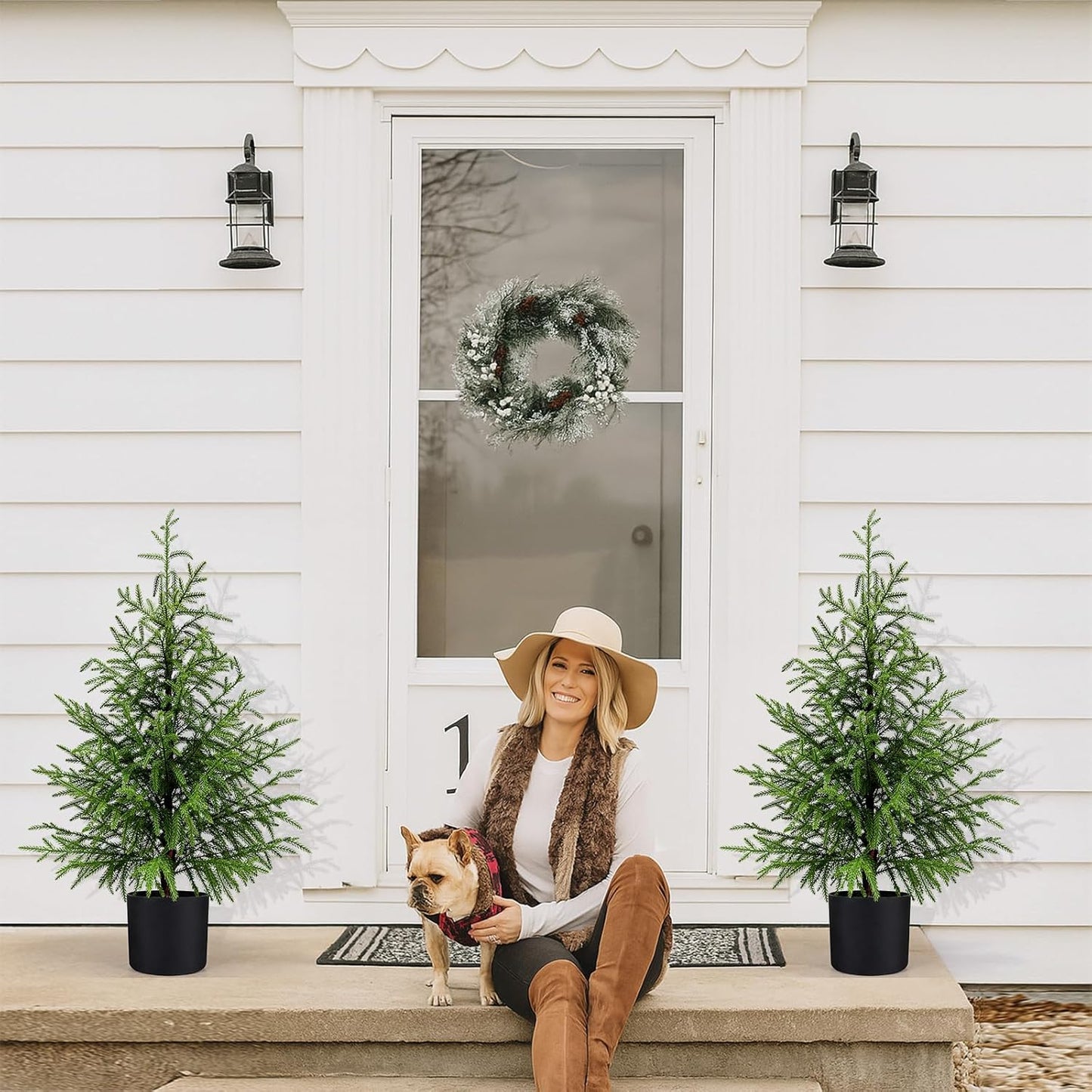 Outdoor Artificial Topiary Cedar Tree Real Touch Faux Pine Evergreen Shrub Plant UV Resistant Greenery Tree with Pot Realistic Cypress Front Porch Decor (5FT-2Pack)