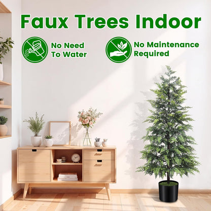 Outdoor Artificial Topiary Cedar Tree Real Touch Faux Pine Evergreen Shrub Plant UV Resistant Greenery Tree with Pot Realistic Cypress Front Porch Decor (5FT-2Pack)