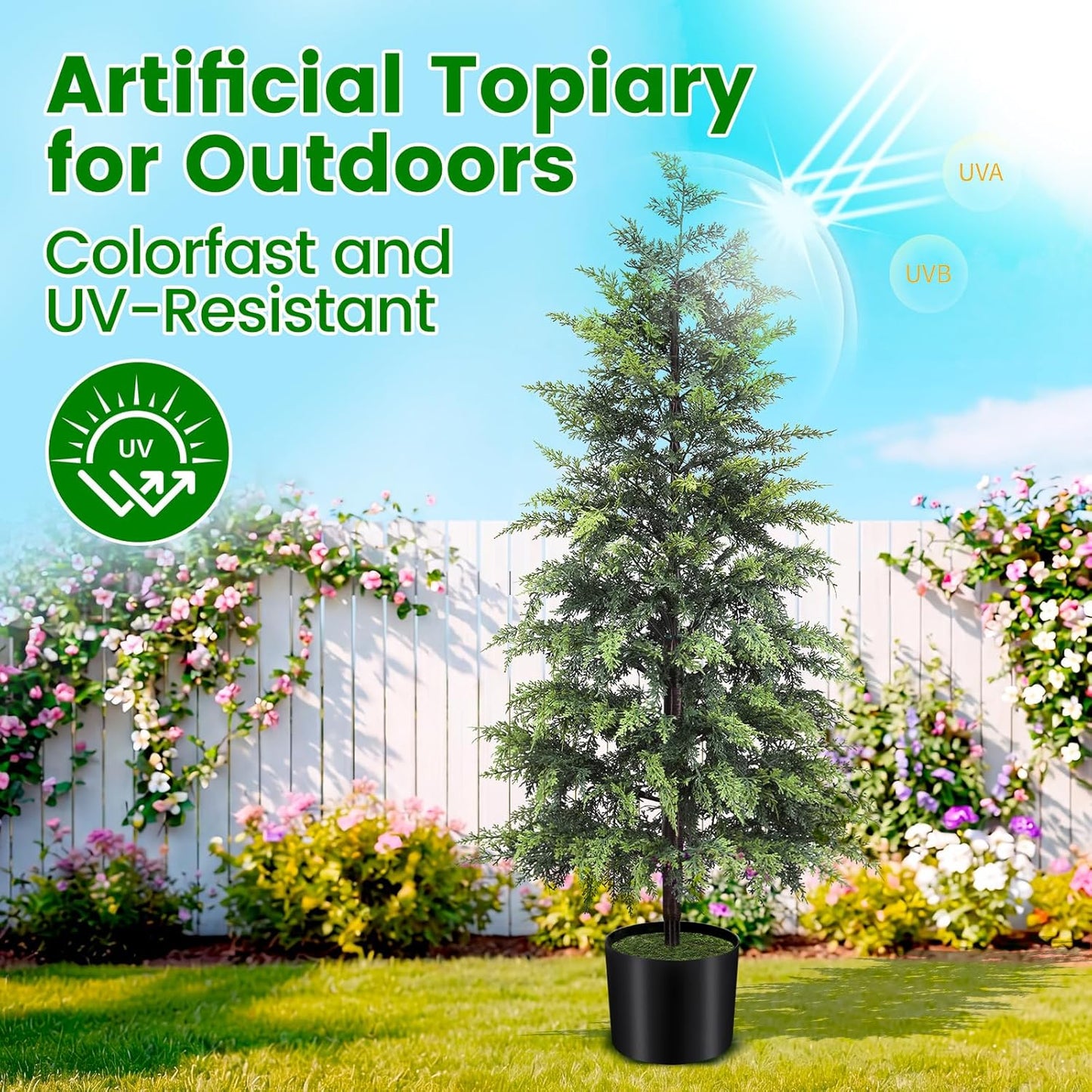 Outdoor Artificial Topiary Cedar Tree Real Touch Faux Pine Evergreen Shrub Plant UV Resistant Greenery Tree with Pot Realistic Cypress Front Porch Decor (5FT-2Pack)
