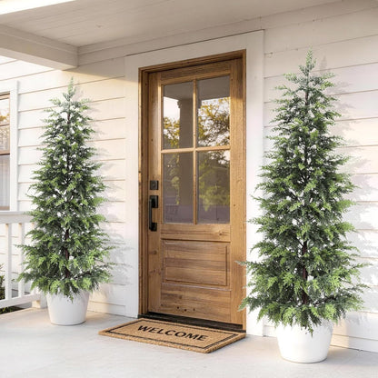 Outdoor Artificial Topiary Cedar Tree Real Touch Faux Pine Evergreen Shrub Plant UV Resistant Greenery Tree with Pot Realistic Cypress Front Porch Decor (5FT-2Pack)