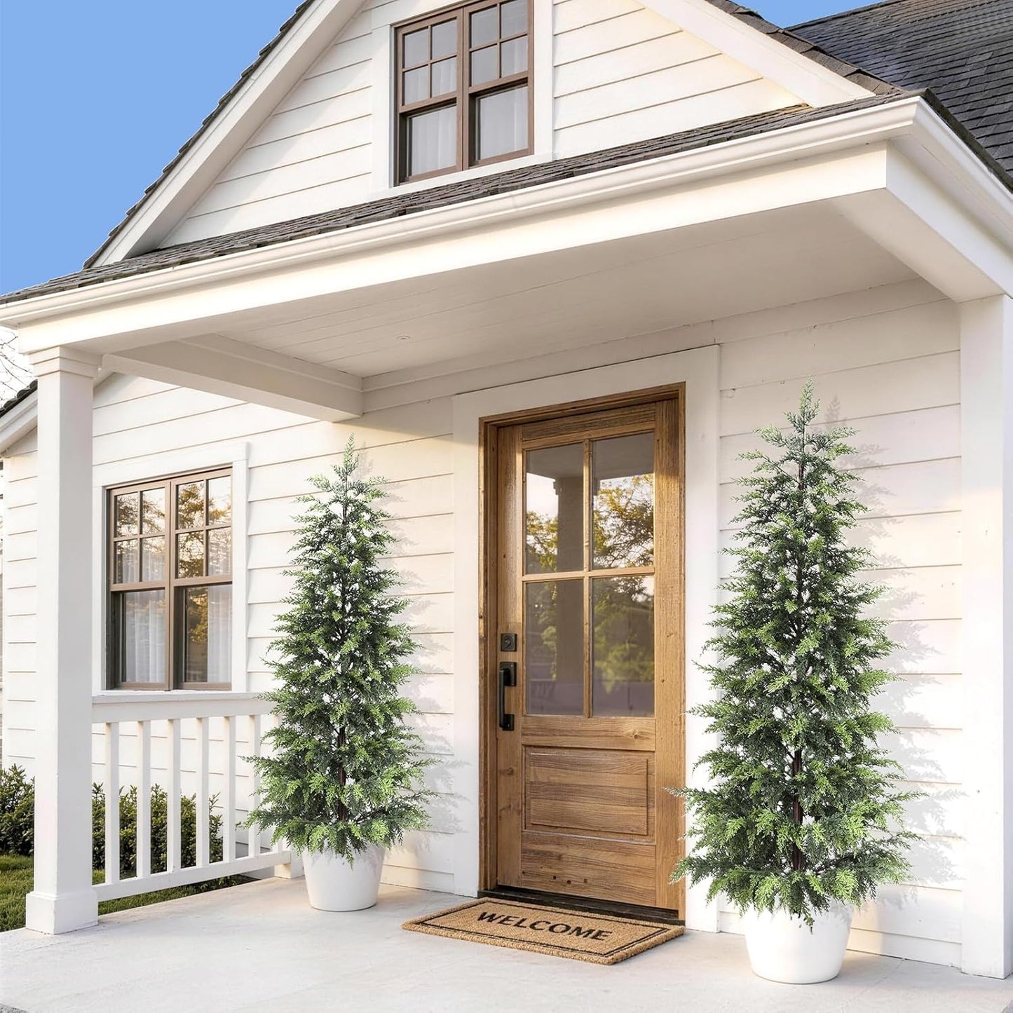 Outdoor Artificial Topiary Cedar Tree Real Touch Faux Pine Evergreen Shrub Plant UV Resistant Greenery Tree with Pot Realistic Cypress Front Porch Decor (5FT-2Pack)