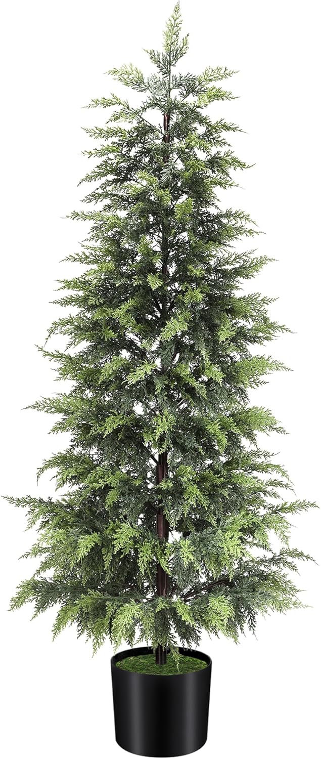 Outdoor Artificial Topiary Cedar Tree Real Touch Faux Pine Evergreen Shrub Plant UV Resistant Greenery Tree with Pot Realistic Cypress Front Porch Decor (5FT-2Pack)