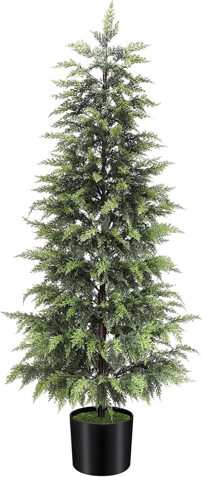 Outdoor Artificial Topiary Cedar Tree Real Touch Faux Pine Evergreen Shrub Plant UV Resistant Greenery Tree with Pot Realistic Cypress Front Porch Decor (5FT-2Pack)