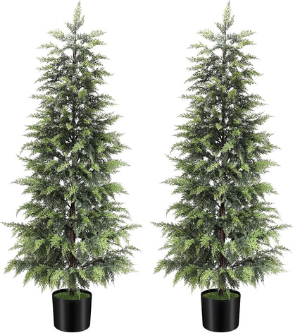 Outdoor Artificial Topiary Cedar Tree Real Touch Faux Pine Evergreen Shrub Plant UV Resistant Greenery Tree with Pot Realistic Cypress Front Porch Decor (5FT-2Pack)