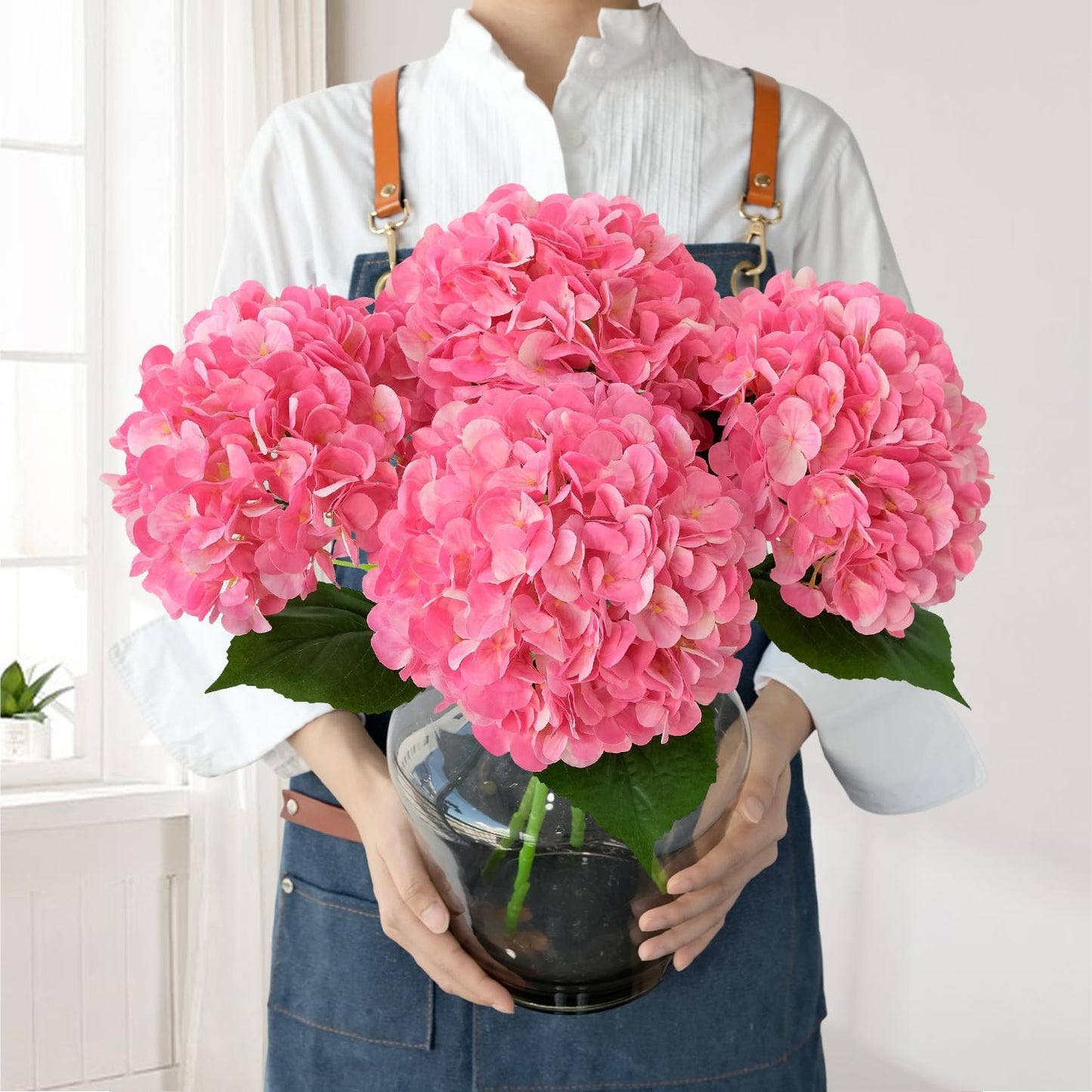 JINWOE Pink Flowers Silk Artificial Hydrangeas, 4Pcs 22" Lifelike Large Silk Flowers with Stems, Artificial Flowers for Wedding Bouquet Table Centerpieces Outdoor Home