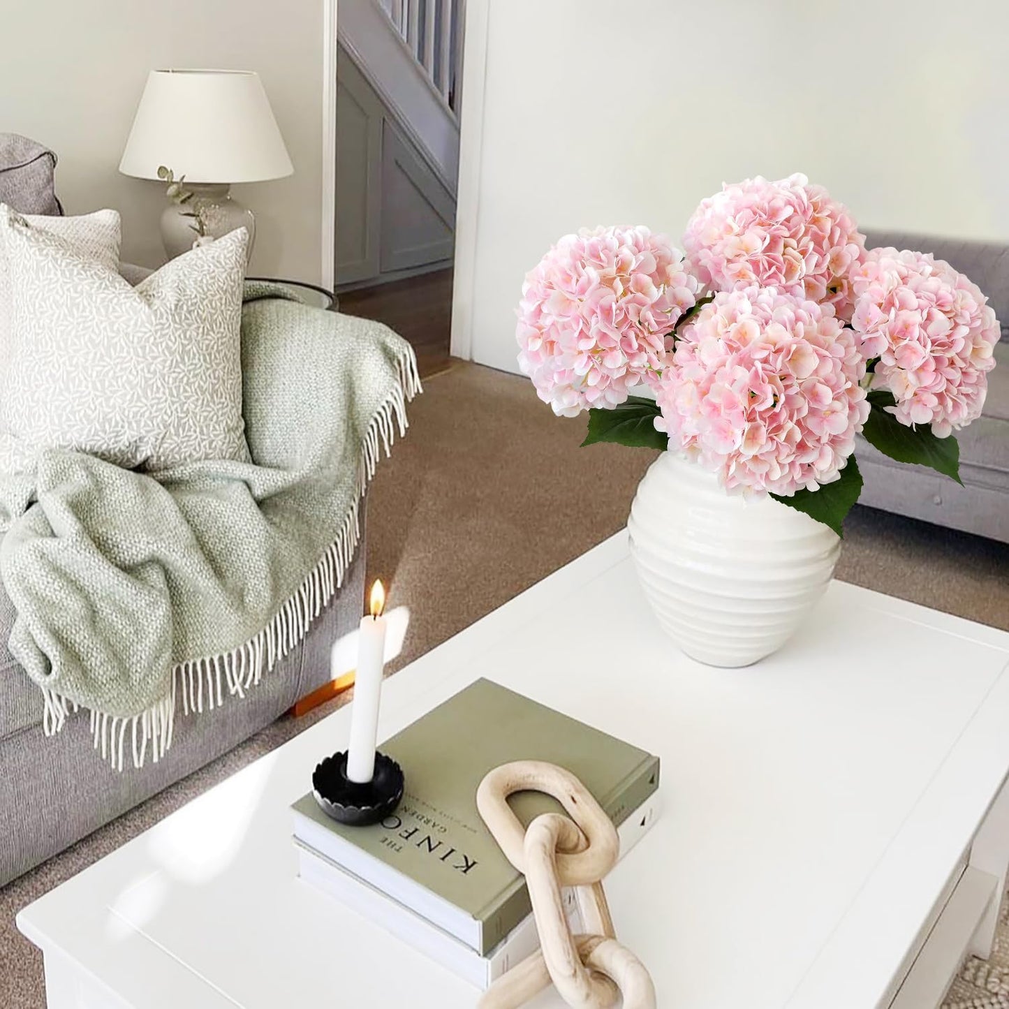 JINWOE Pink Flowers Silk Artificial Hydrangeas, 4Pcs 22" Lifelike Large Silk Flowers with Stems, Artificial Flowers for Wedding Bouquet Table Centerpieces Outdoor Home
