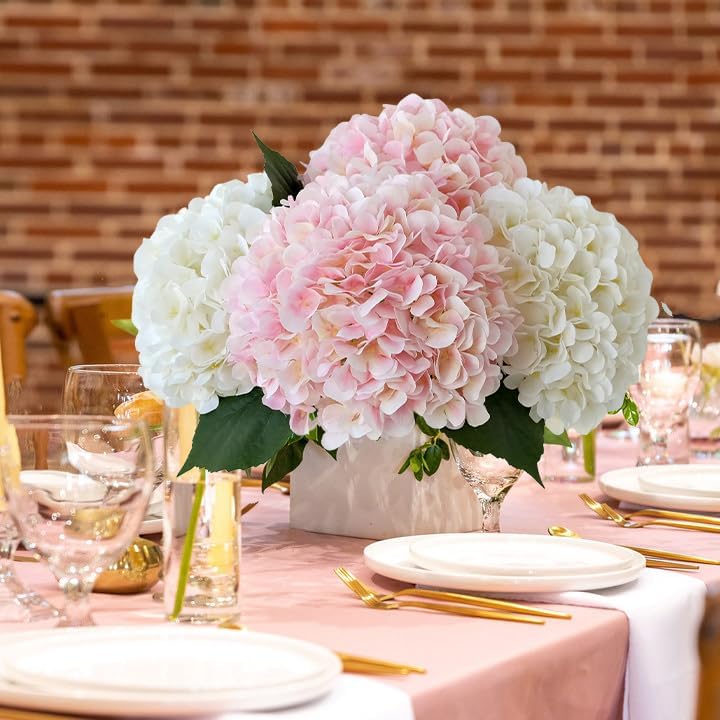 JINWOE Pink Flowers Silk Artificial Hydrangeas, 4Pcs 22" Lifelike Large Silk Flowers with Stems, Artificial Flowers for Wedding Bouquet Table Centerpieces Outdoor Home