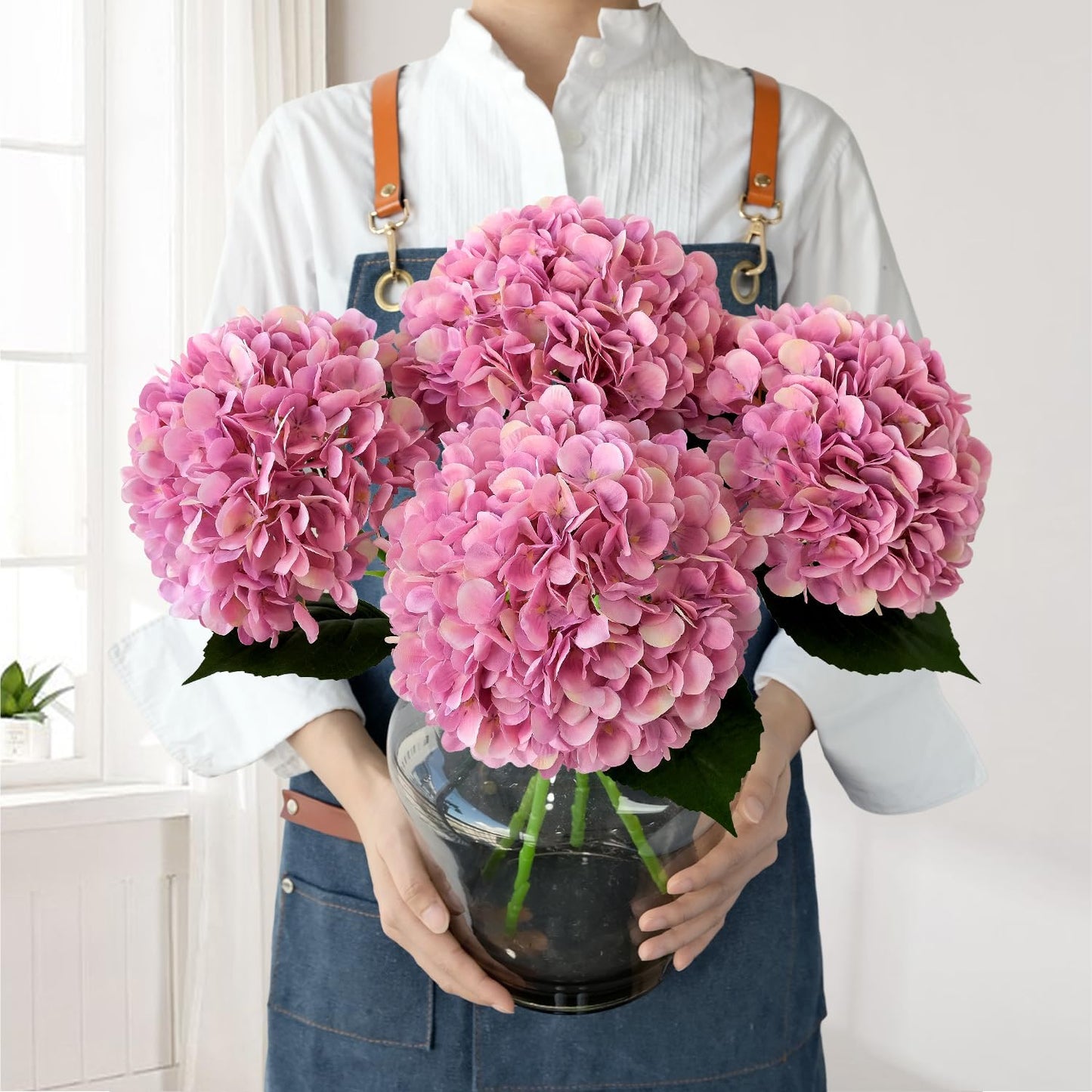JINWOE Pink Flowers Silk Artificial Hydrangeas, 4Pcs 22" Lifelike Large Silk Flowers with Stems, Artificial Flowers for Wedding Bouquet Table Centerpieces Outdoor Home