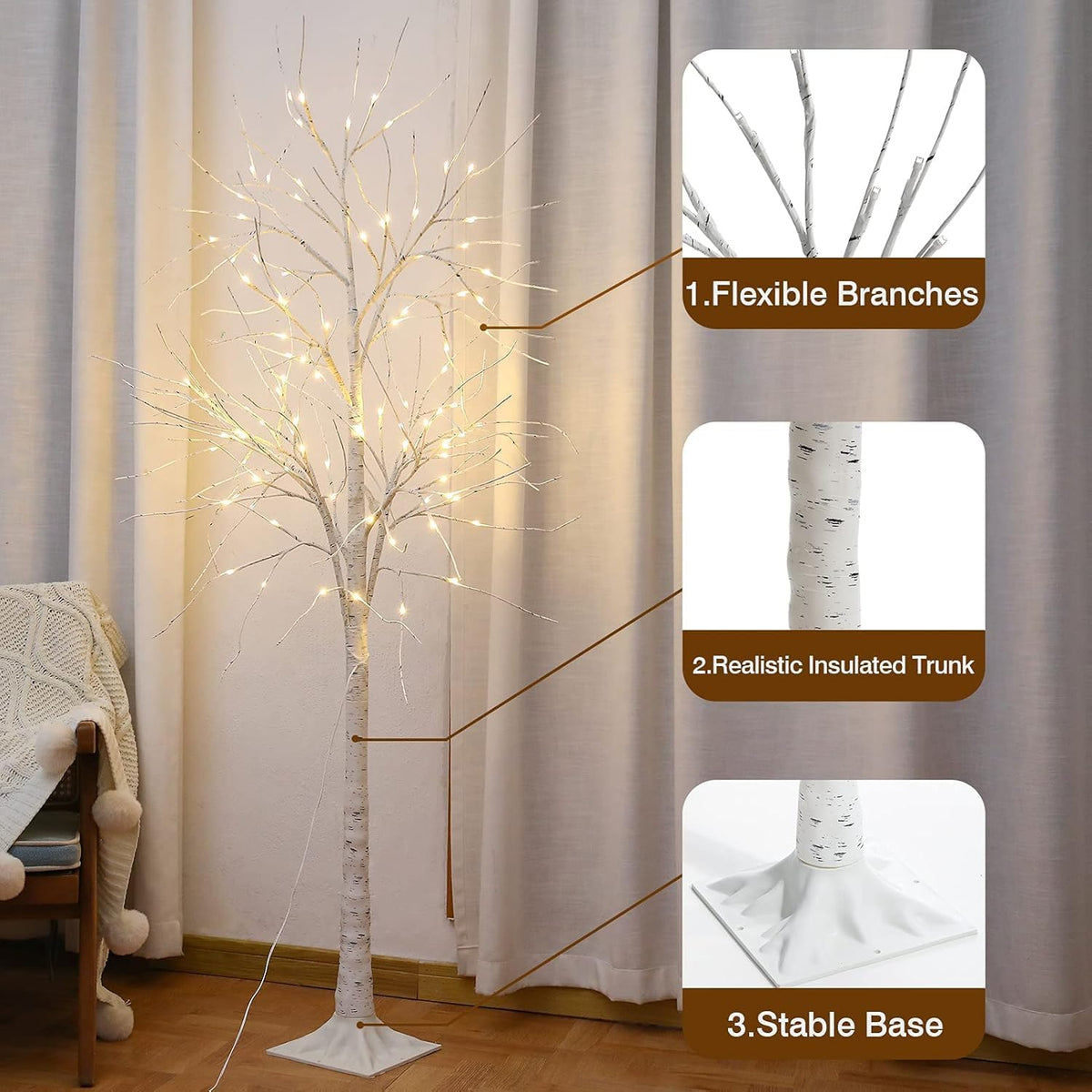 6 Feet Lighted White Birch Tree, Warm White USB 8 Modes Dimmable Control for Indoor Outdoor White Birch Tree Lights, Thanksgiving Christmas Decorations Pre-Lit Artificial Tree (Warm White)