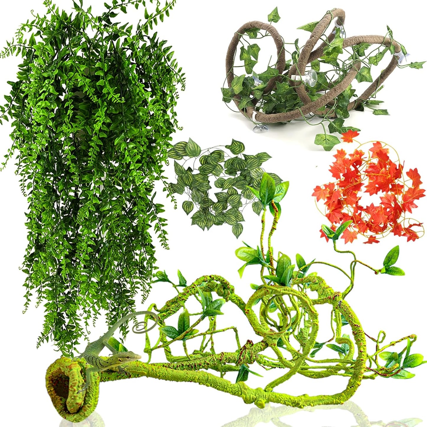 Reptile Vines Plants for Terrarium, Flexible Vines Jungle Climbing Branch with Leaves Tank Decor for Snakes Bearded Dragons Geckos Hermit Crabs Lizards Chameleons