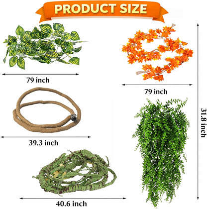 Reptile Vines Plants for Terrarium, Flexible Vines Jungle Climbing Branch with Leaves Tank Decor for Snakes Bearded Dragons Geckos Hermit Crabs Lizards Chameleons
