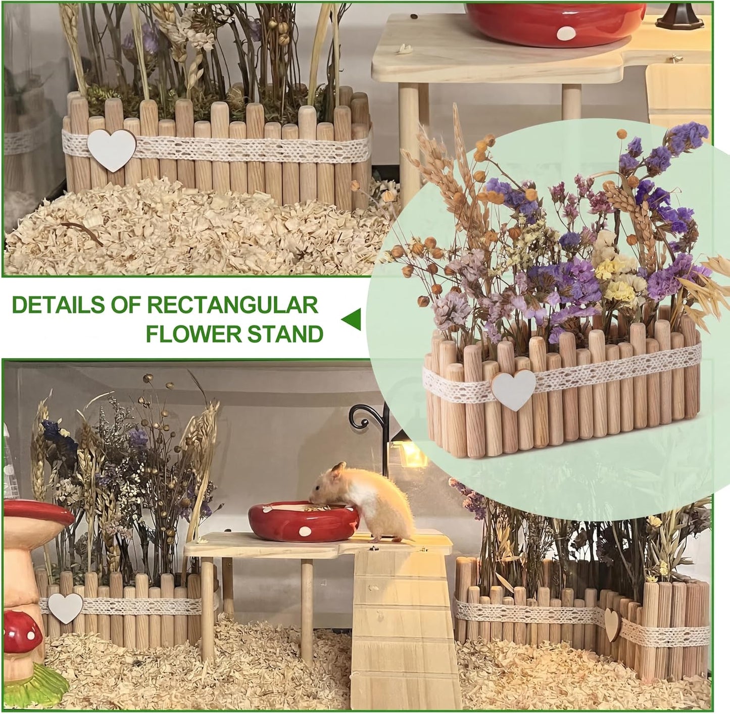 Hamster Cage Sprays Flower Foraging Holder - Natural Wood Feeding Stand, Small Pet Habitat Accessories for Hamsters Mouse Guinea Pig Dwarf Gerbils Syrian Mice (Leaf - Rectangle)