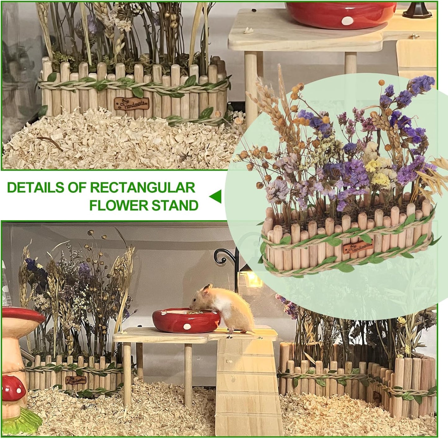 Hamster Cage Sprays Flower Foraging Holder - Natural Wood Feeding Stand, Small Pet Habitat Accessories for Hamsters Mouse Guinea Pig Dwarf Gerbils Syrian Mice (Leaf - Rectangle)